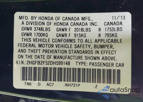 2013 Honda Civic Lx from USA, damaged, VIN 2HGFB2F52DH599148